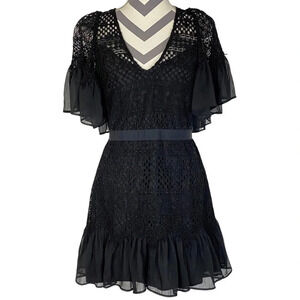 Stevie May Lace Ruffle Black Dress Womens Size Medium Short Sleeve Boho EUC